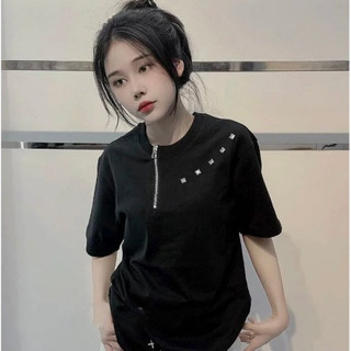 Áo Phông Đính Đá Vuông Khóa Kéo Cổ Chất Liệu Cotton Hotrend - Áo Thun Nam Nữ Fom Rộng Dáng Đẹp Thời Trang Nữ Unisex