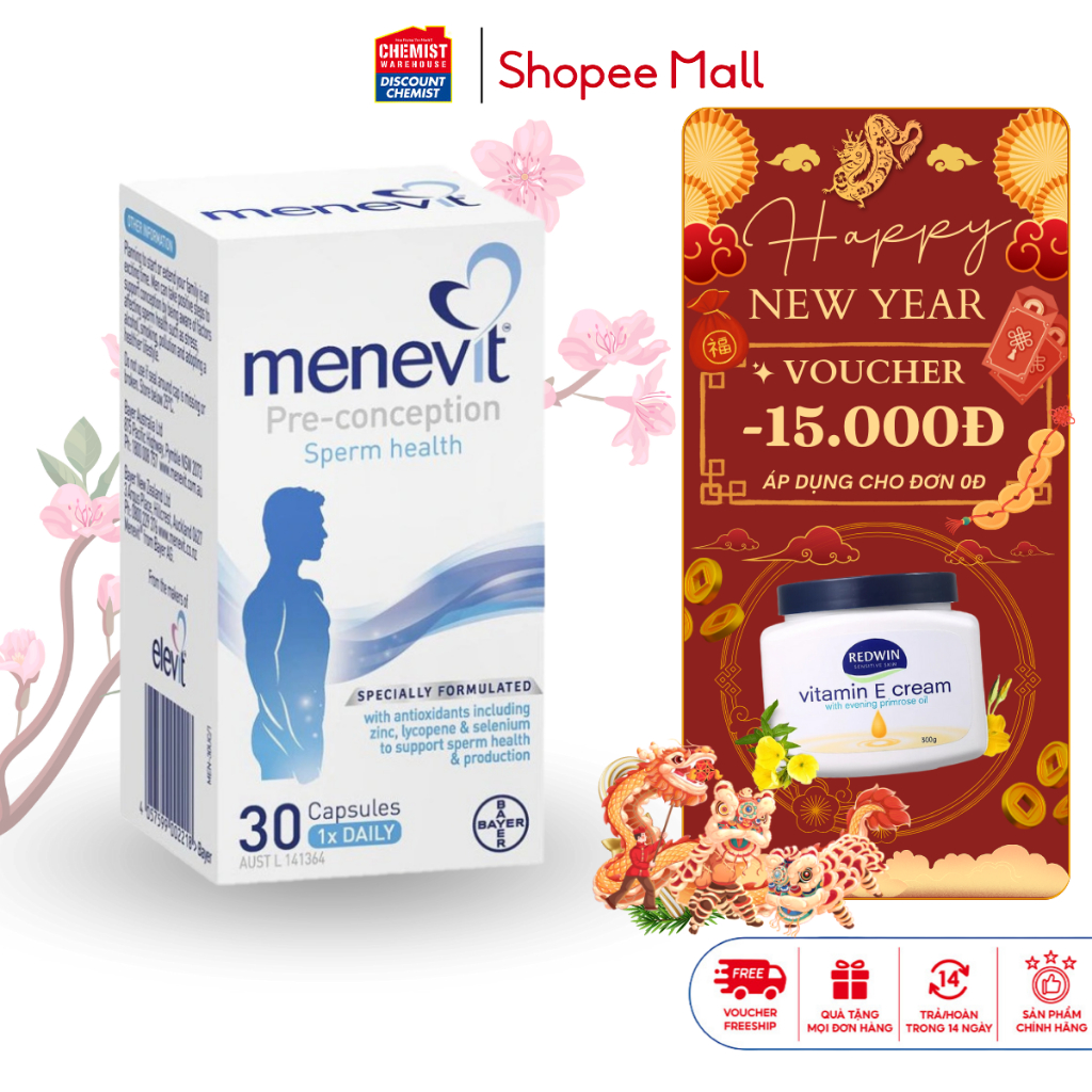 Tăng chất lượng tinh trùng Bayer Menevit 30 viên hỗ trợ sức khỏe sinh sản cho nam giới tăng cơ hội thụ thai