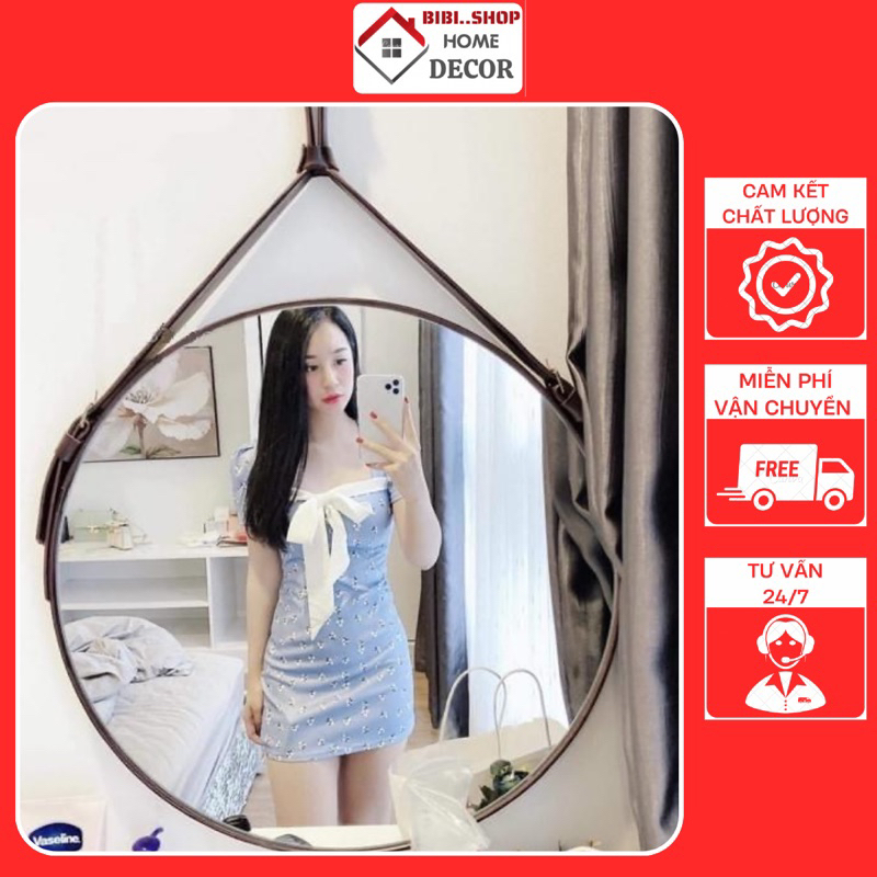 Gương treo tường tròn [  HÀNG CÓ SẴN ] viền dây da simili , Gương treo bàn trang điểm decor xinh kiểu dáng siêu sang