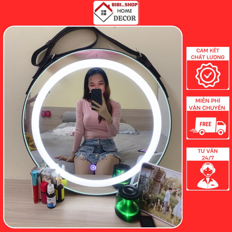 Gương Treo Tường Tròn LED 3 Màu Viền Da Decor Phòng Tắm Phòng Ngủ Cao Cấp
