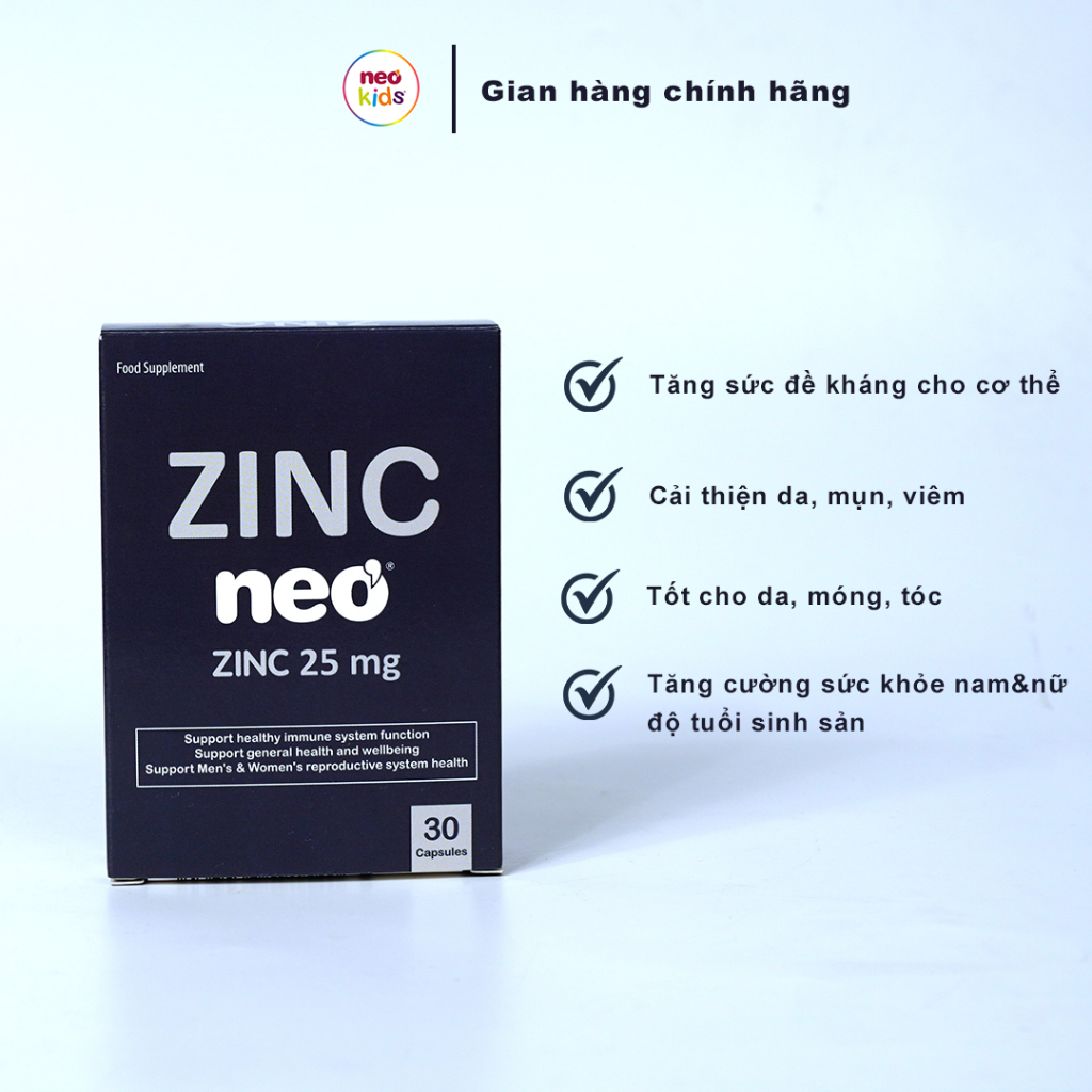 Kẽm viên hữu cơ Zinc Neo tăng đề kháng hộp 30 viên