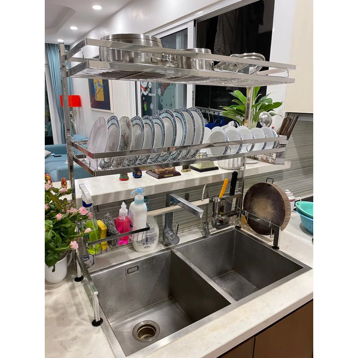 Kệ chén bát thông minh inox 304 1 tầng / 2 tầng, giá đựng bát đĩa kèm các phụ kiện tiện ích