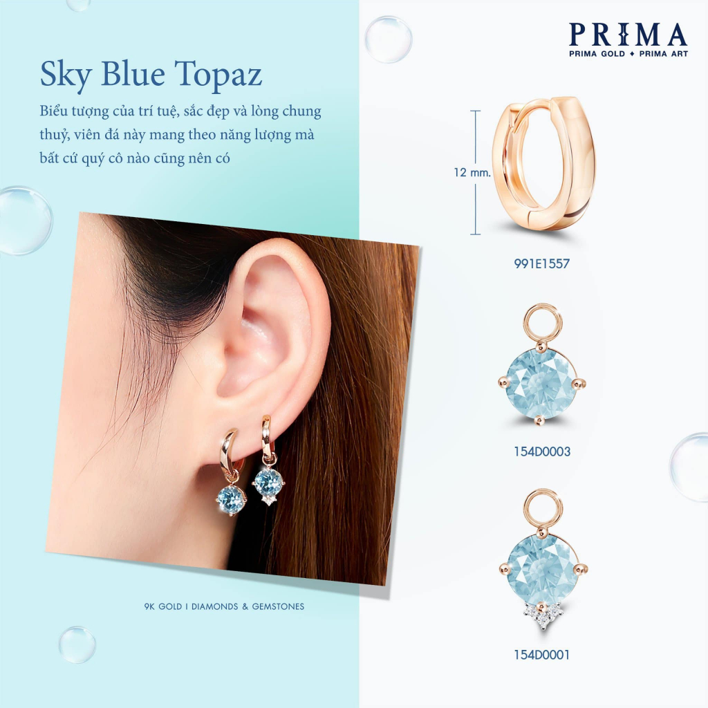 Ảnh PRIMA Charm Bông Tai  9K - Kim Cương & Đá Sky Blue Topaz (1 Chiếc) - BST HUGGIE 2
