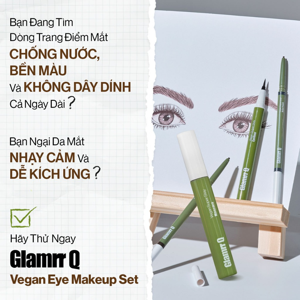 Ảnh Bộ 3 Trang Điểm Mắt Glamrr Q Chống Nước Thuần Chay (Mascara, Eyeliner, Eye Brow) 3