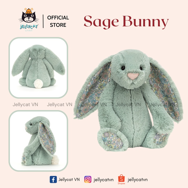 Thỏ bông gấu bông màu mint Jellycat blossom 𝗦𝗔𝗚𝗘 bunny chính hãng UK