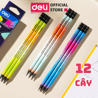 Bút chì Deli 2B thân đa sắc màu cực nhạy với máy chấm thi tự động, combo 12 chiếc dành cho học sinh và dân văn phòng