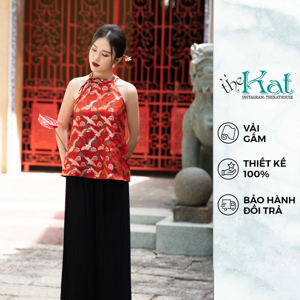 Áo Yếm Gấm Vân Hạc The Kat House nhẹ nhàng, thanh lịch, thắt nơ cổ, áo yếm tết