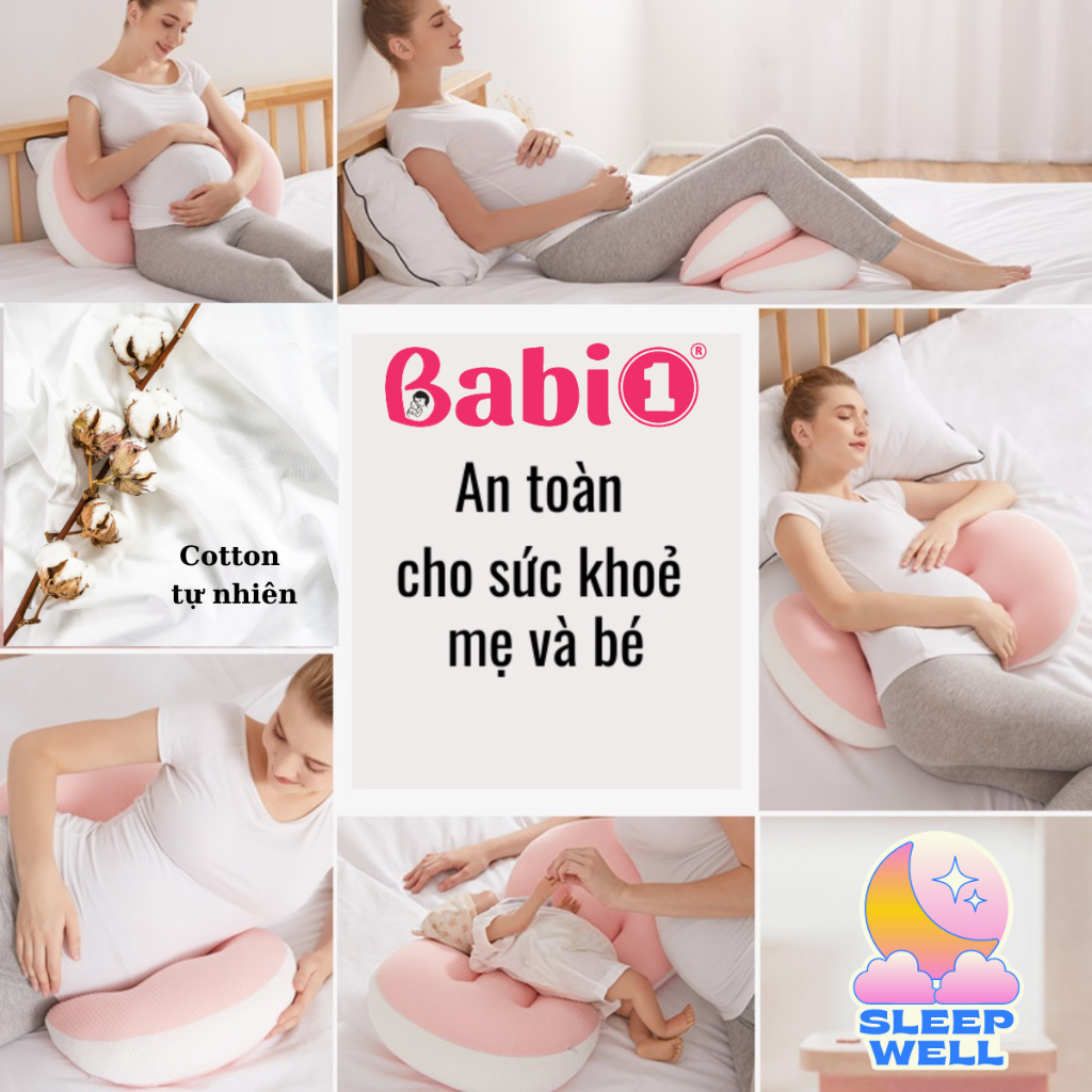 Gối Bầu Cánh Tiên BabiOne Cao Cấp Giảm Đau Lưng Đỡ Bụng Ngủ Ngon Kèm Gối Phụ Cotton Mềm Mại