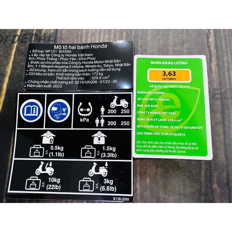 Tem thông số SH 350i Hàng Zin chuẩn hãng( 3,63 )