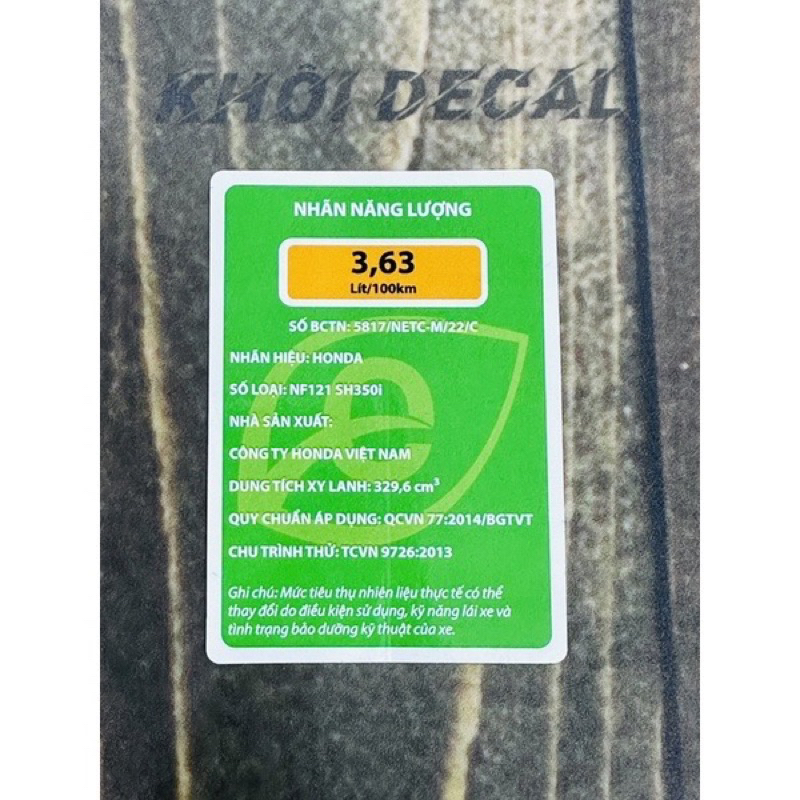 Tem thông số SH 350i Hàng Zin chuẩn hãng( 3,63 )