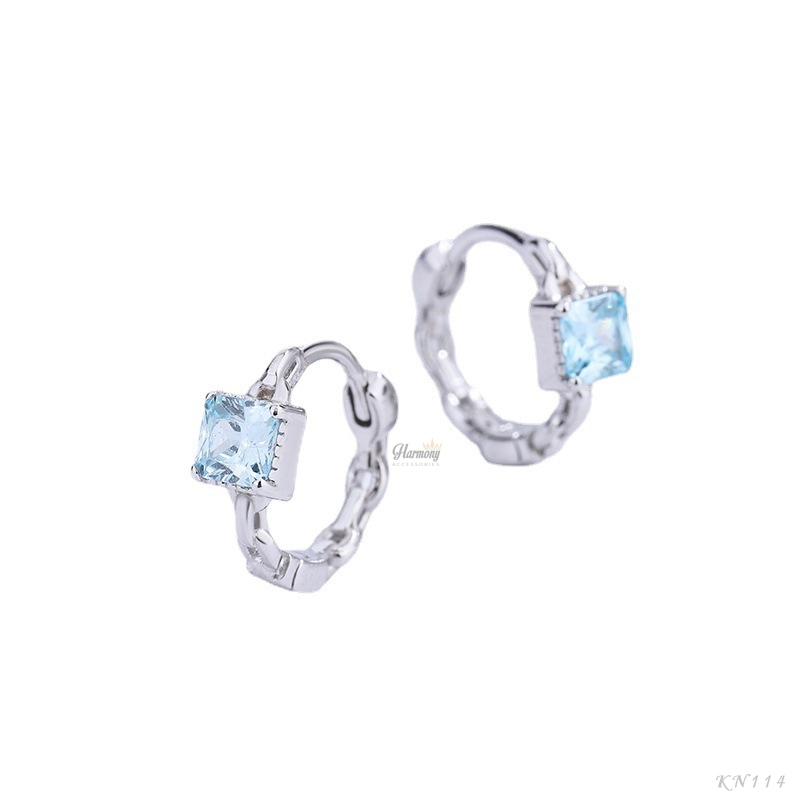 Khuyên tai nam tròn bạc 925 đính đá xanh hình vuông và trái tim unisex (1 chiếc) | GEMY SILVER KN114