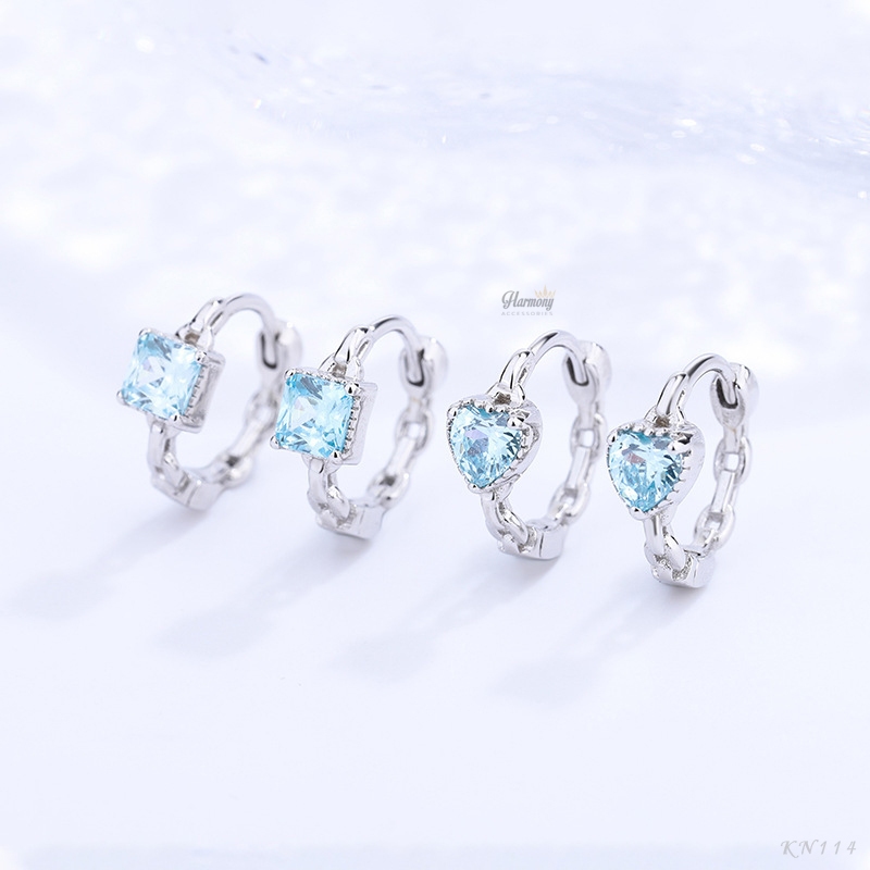 Khuyên tai nam tròn bạc 925 đính đá xanh hình vuông và trái tim unisex (1 chiếc) | GEMY SILVER KN114