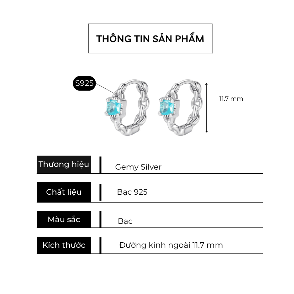 Khuyên tai nam tròn bạc 925 đính đá xanh hình vuông và trái tim unisex (1 chiếc) | GEMY SILVER KN114
