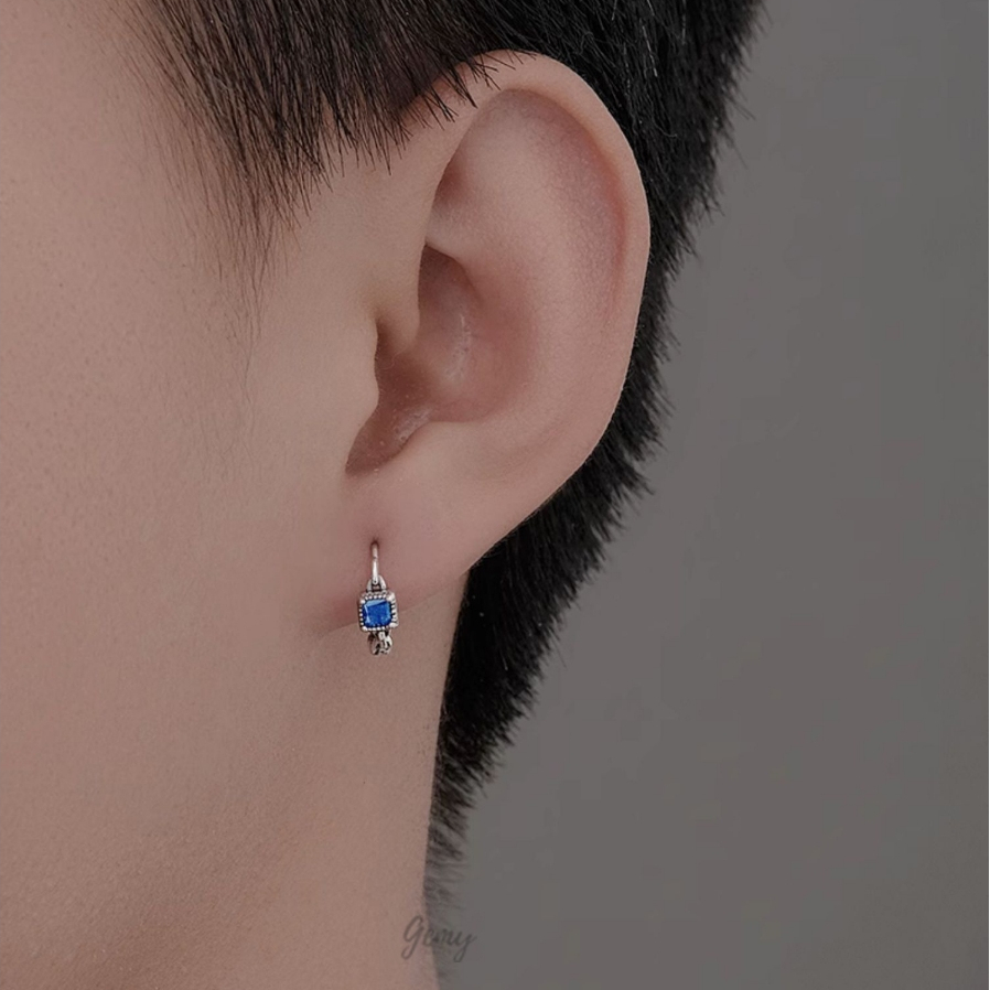Khuyên tai nam tròn bạc 925 đính đá xanh hình vuông và trái tim unisex (1 chiếc) | GEMY SILVER KN114