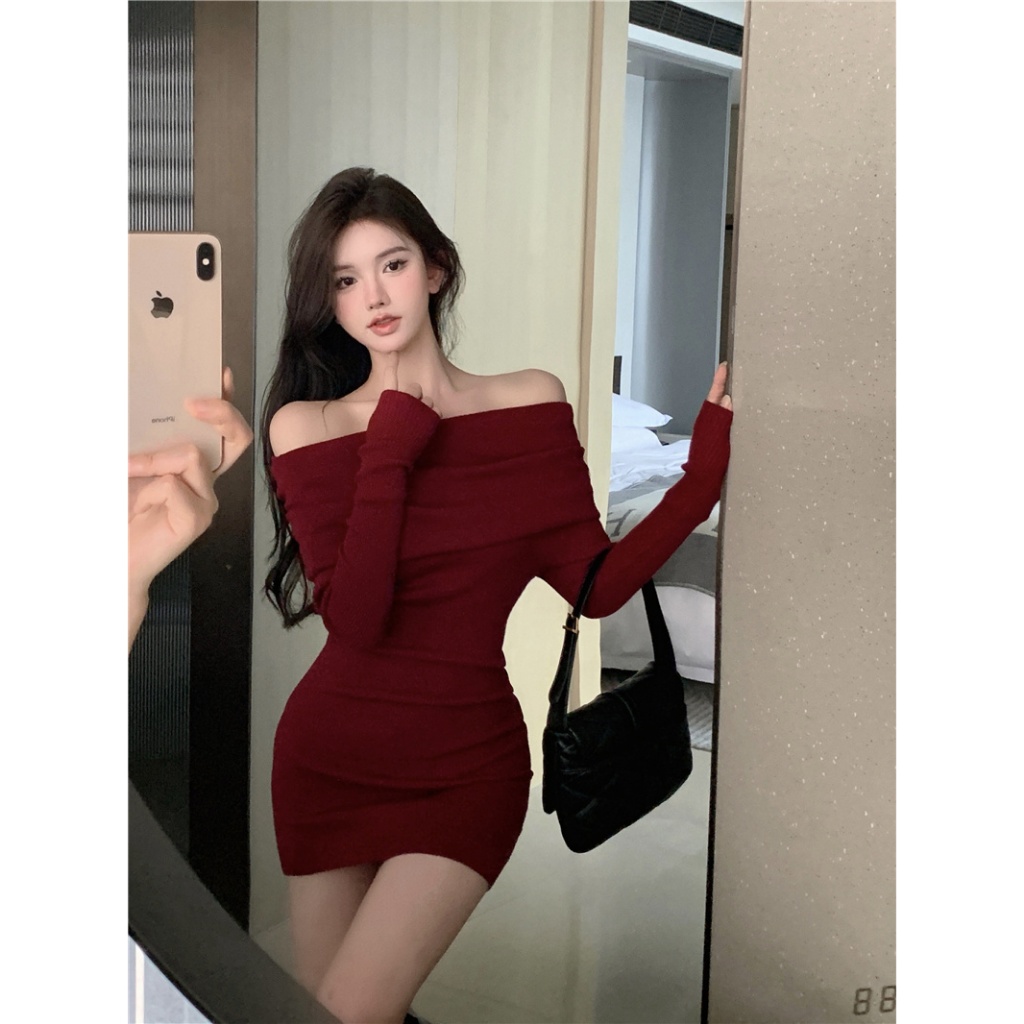[CÓ SIZE ] Đầm Body Trễ Vai Đón Tết RANSHI Siêu Đẹp Màu Đỏ Đô Và Đen Tôn Dáng Sáng Da Váy Dày Dặn Hai Lớp