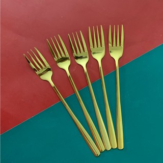 Inox 304 Mạ Vàng Set 5 Nĩa (dĩa)4 Răng Mạ Ti Tan Vàng Size Lớn 20.5cm CAO CẤP hàng nhập