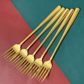 Inox 304 Mạ Vàng Set 5 Nĩa (dĩa)4 Răng Mạ Ti Tan Vàng Size Lớn 20.5cm CAO CẤP hàng nhập