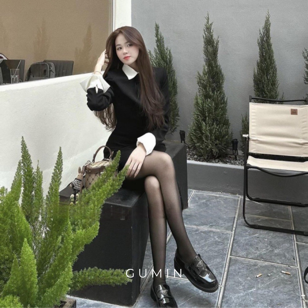 Đầm nhung ngắn GUMIN dáng chữ A cách điệu sang trọng, thiết kế phối cổ và tay trắng thanh lịch