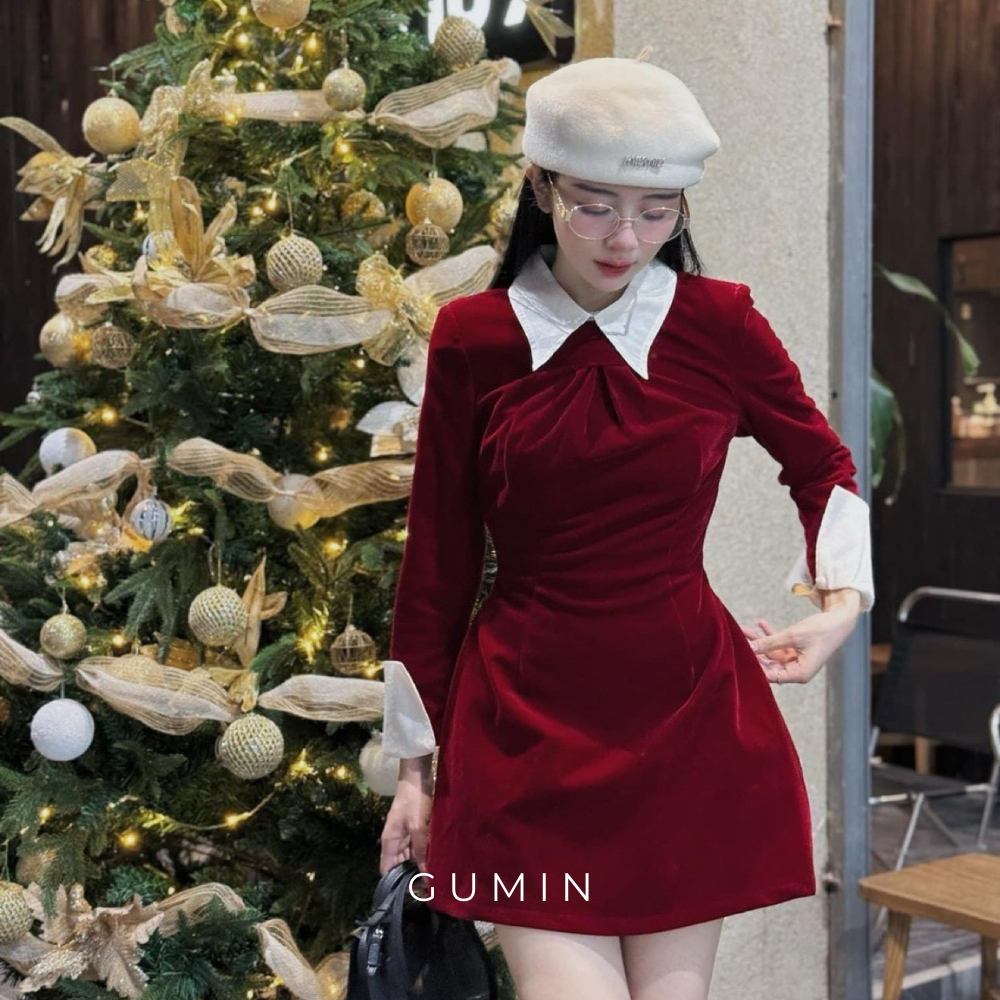 Đầm nhung ngắn GUMIN dáng chữ A cách điệu sang trọng, thiết kế phối cổ và tay trắng thanh lịch