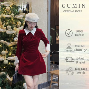 Đầm nhung ngắn GUMIN dáng chữ A cách điệu sang trọng, thiết kế phối cổ và tay trắng thanh lịch