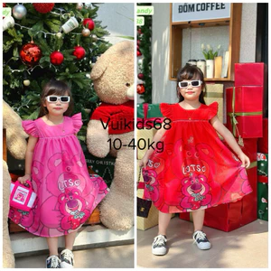 🆘XẢ🆘Trang phục bé gái đi chơi, đi tiệc, Noel, Tết. Đầm gấu dâu Lotso tơ ngọc mềm mượt màu đỏ và hồng 10-40kg