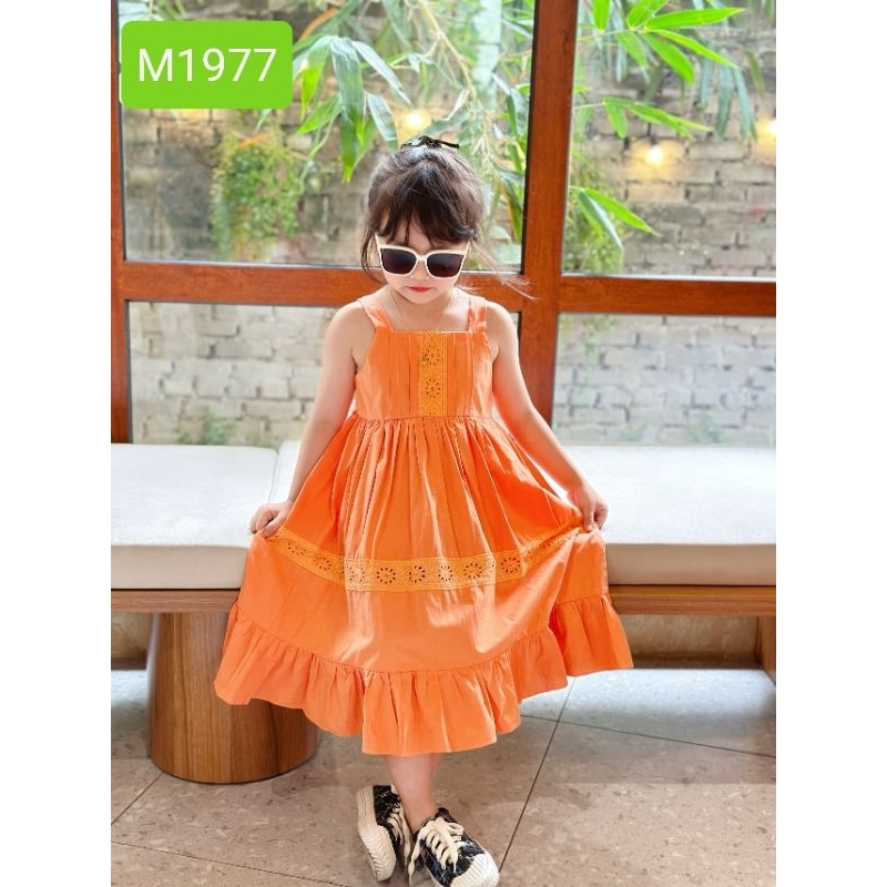 Váy Đầm Tết Màu Cam Cho Bé Gái Sofia Candy Cotton Thô Mềm 2 Dây Phối Ren Mềm Dáng A Xòe Đi Chơi, Du Lịch, Đi Học