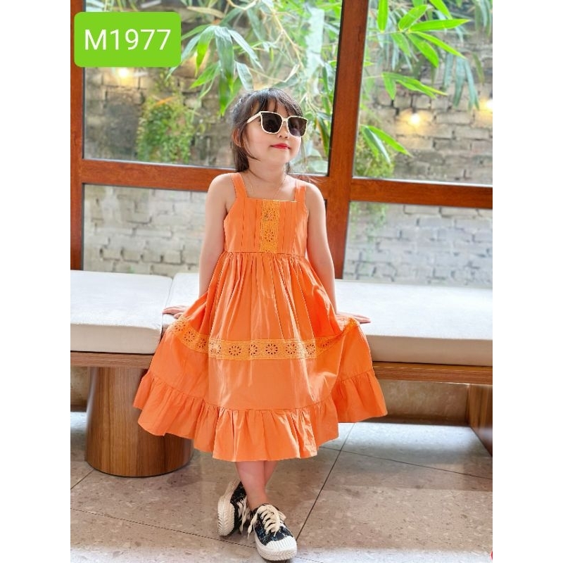 Váy Đầm Tết Màu Cam Cho Bé Gái Sofia Candy Cotton Thô Mềm 2 Dây Phối Ren Mềm Dáng A Xòe Đi Chơi, Du Lịch, Đi Học