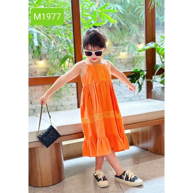 Váy Đầm Tết Màu Cam Cho Bé Gái Sofia Candy Cotton Thô Mềm 2 Dây Phối Ren Mềm Dáng A Xòe Đi Chơi, Du Lịch, Đi Học