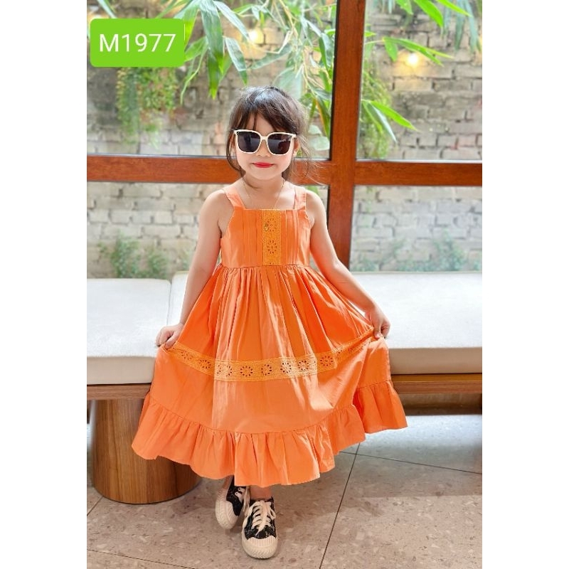 Váy Đầm Tết Màu Cam Cho Bé Gái Sofia Candy Cotton Thô Mềm 2 Dây Phối Ren Mềm Dáng A Xòe Đi Chơi, Du Lịch, Đi Học