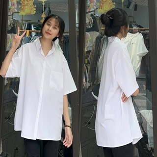 Áo sơ mi đi học 1 túi tay lỡ chất mát , màu trắng kem tôn da #014