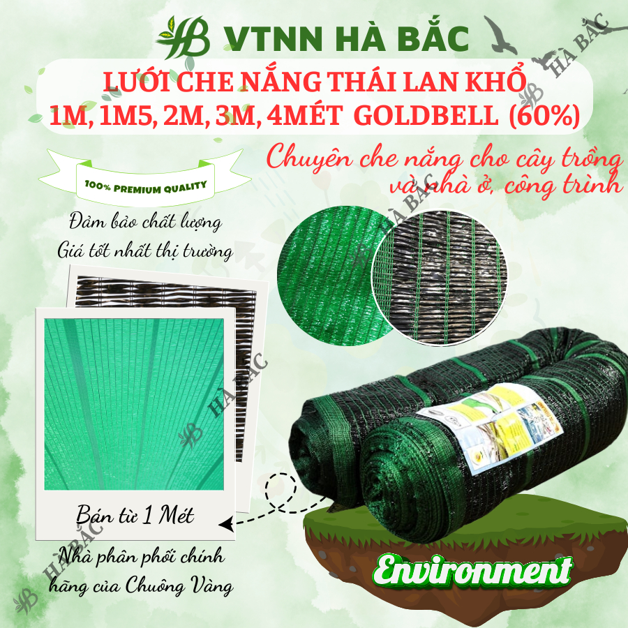 Lưới Che Nắng Thái Lan Khổ 1M, 1M5, 2M, 3M, 4Mét Màu Xanh/Đen Goldbell (Chuông Vàng) Độ Che Phủ 60% - BÁN THEO 1 MÉT TỚI