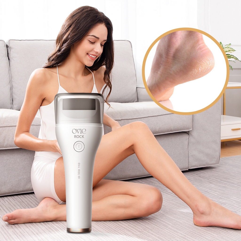 Máy chà gót chân OVIE ROCK tẩy tế bào , làm mềm sáng gót chân, Pin sạc tặng 2 đầu chà
