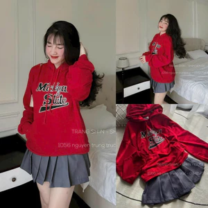 SET ÁO HOODIE ĐỎ IN CHỮ + CHÂN VÁY XÁM XẾP LY