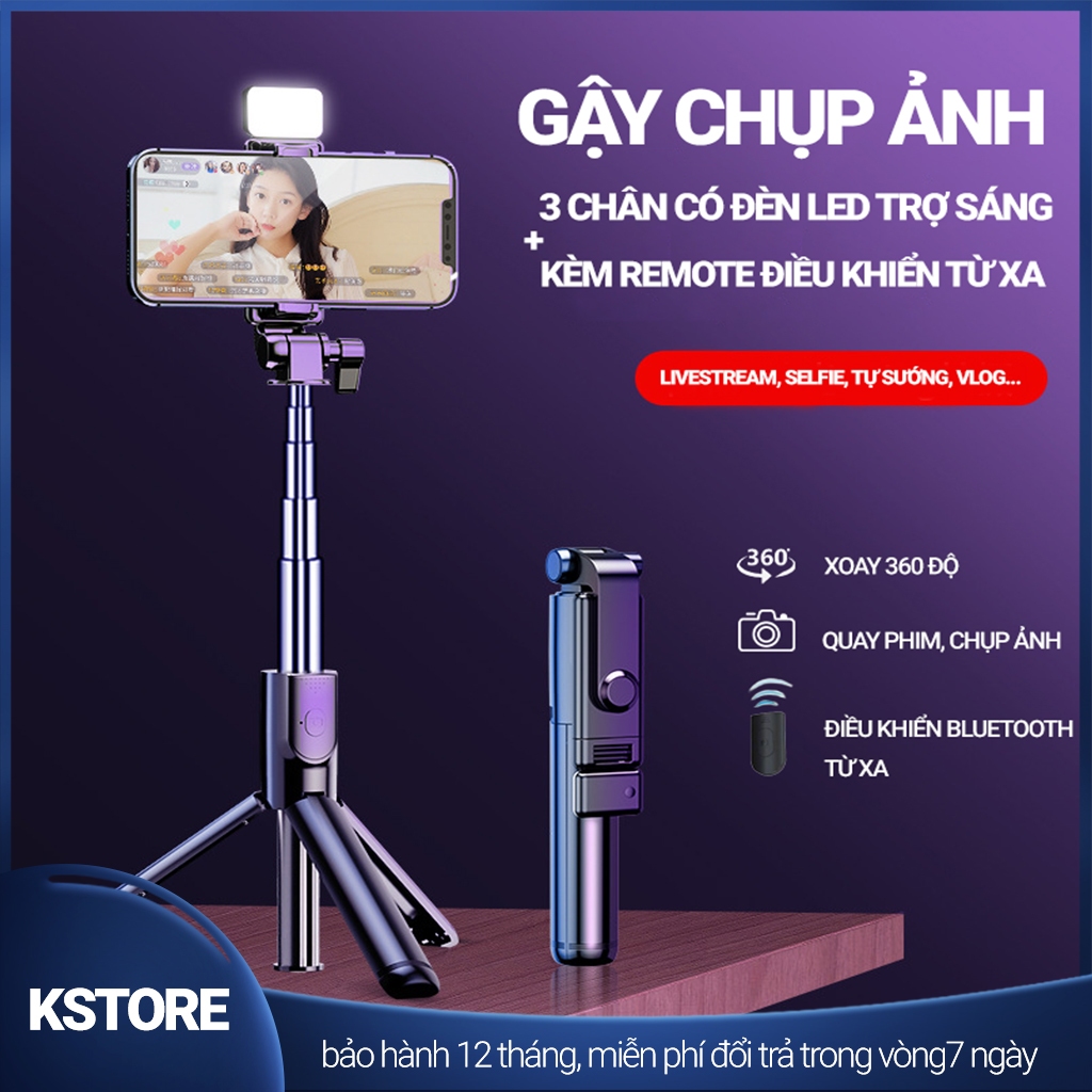 Gậy chụp ảnh 3 chân, có đèn led trợ sáng. Gậy selfie chụp hình, tự sướng, live stream nút bluetooth điều khiển từ xa