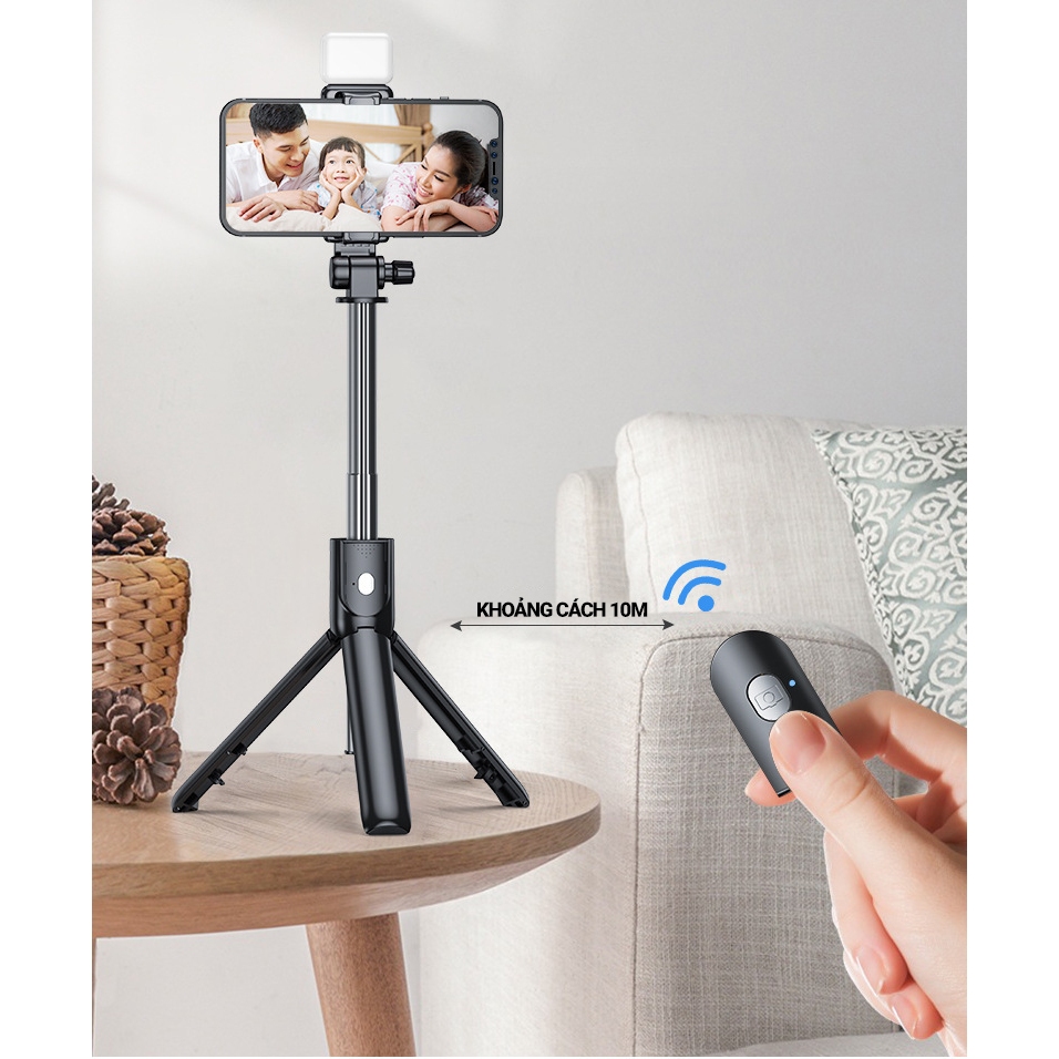 Gậy chụp ảnh 3 chân, có đèn led trợ sáng. Gậy selfie chụp hình, tự sướng, live stream nút bluetooth điều khiển từ xa
