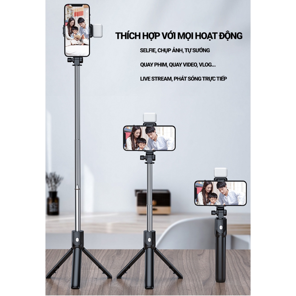 Gậy chụp ảnh 3 chân, có đèn led trợ sáng. Gậy selfie chụp hình, tự sướng, live stream nút bluetooth điều khiển từ xa