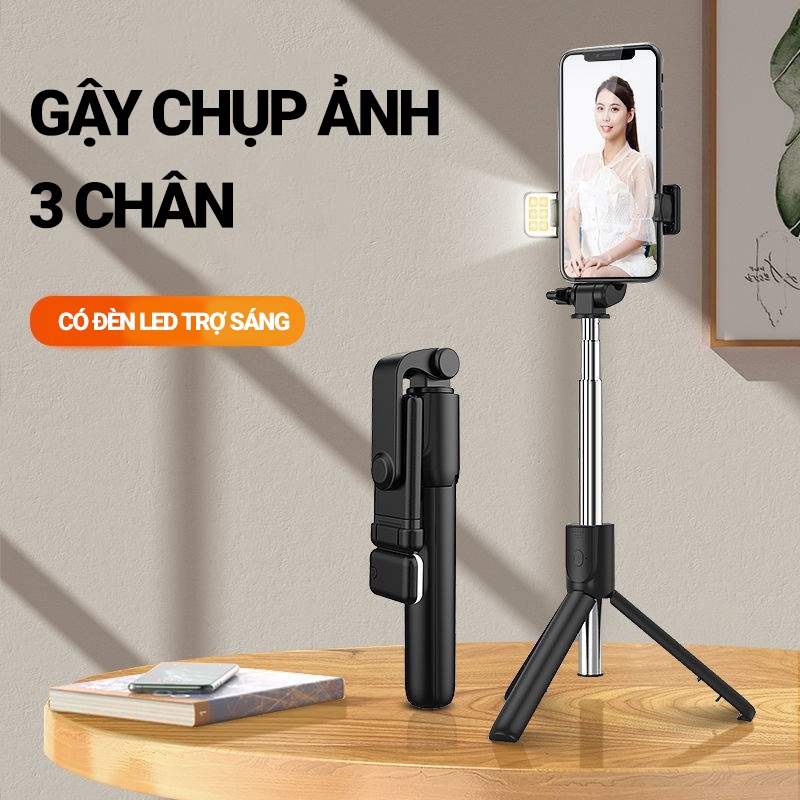 Gậy chụp ảnh 3 chân, có đèn led trợ sáng. Gậy selfie chụp hình, tự sướng, live stream nút bluetooth điều khiển từ xa