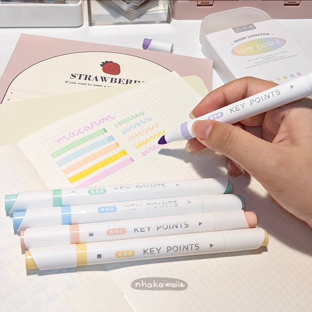 Hộp bút highlight KEY POINTS màu pastel, bút đánh dấu 2 đầu (tặng kèm ...