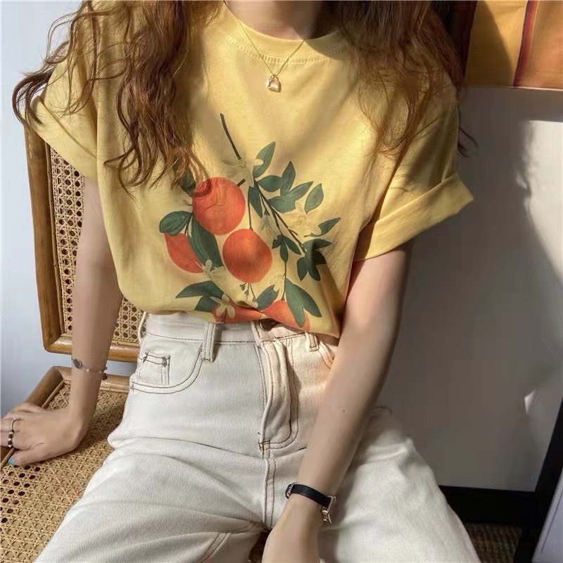 Áo thun Nữ in hình trái cây JULY, áo thun chất vải cotton co giản 4 chiều dáng rộng trẻ trung