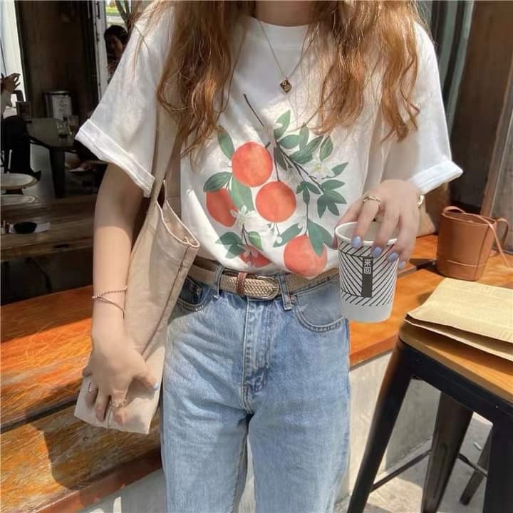 Áo thun Nữ in hình trái cây JULY, áo thun chất vải cotton co giản 4 chiều dáng rộng trẻ trung