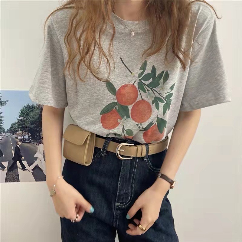 Áo thun Nữ in hình trái cây JULY, áo thun chất vải cotton co giản 4 chiều dáng rộng trẻ trung