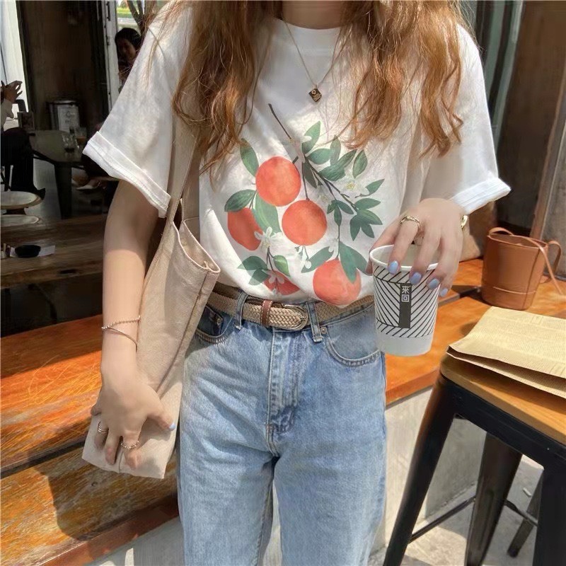 Áo thun Nữ in hình trái cây JULY, áo thun chất vải cotton co giản 4 chiều dáng rộng trẻ trung