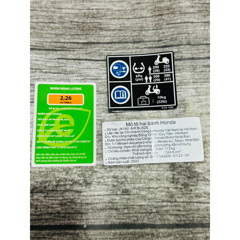 Tem thông số AirBlade 125i Zin chuẩn hãng