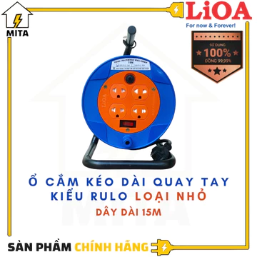 Ổ Cắm Kéo Dài Quay Tay Kiểu RULO loại nhỏ LiOA NEW - 4 Ổ cắm Công suất 15A Dây dài 15m
