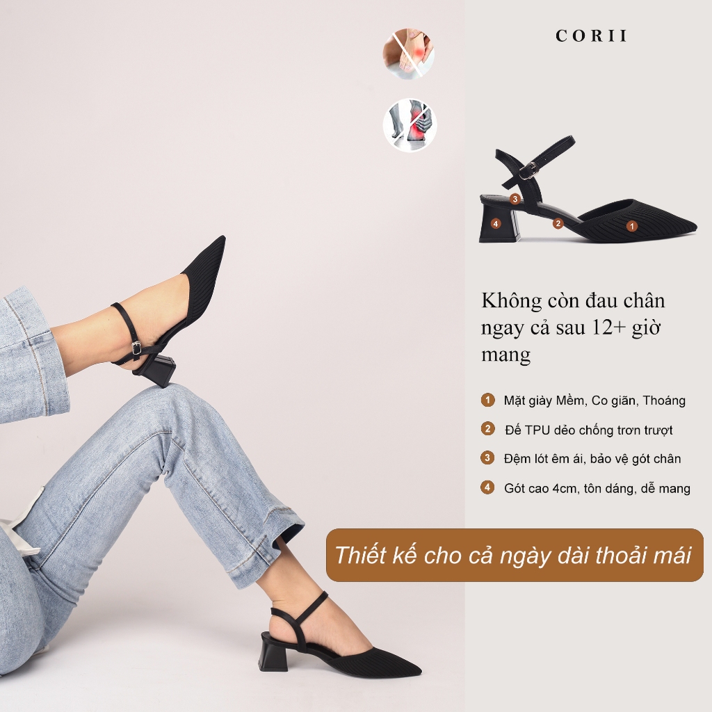 CORII - Giày Sandal Cao Gót Bít Mũi Gót Vuông 4cm BST The Grace Thời Trang và Thoải Mái Nhất - CR6TN41 Đen