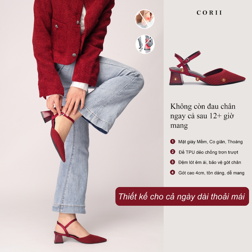CORII - Giày Sandal Cao Gót Bít Mũi Gót Vuông 4cm BST The Grace Thời Trang và Thoải Mái Nhất - CR6TN46 Đỏ