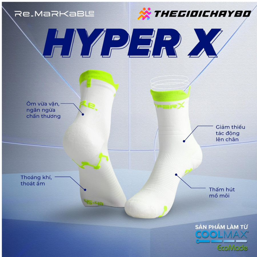 Tất Chạy Bộ RE.SOCKS Hyper X - Tất Thể Thao Từ Sợi Coolmax Thấm Hút Mồ Hôi, Khô Thoáng