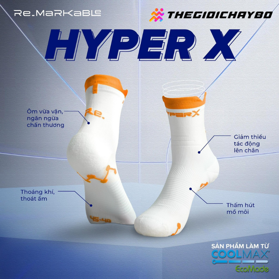 Tất Chạy Bộ RE.SOCKS Hyper X - Tất Thể Thao Từ Sợi Coolmax Thấm Hút Mồ Hôi, Khô Thoáng