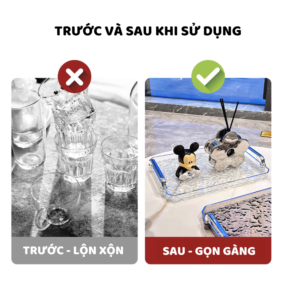 Khay Đựng Đồ Trong Suốt Nhựa Acrylic Cứng Cáp, Khay Úp Ly Cốc Có Tay Cầm Mạ Bạc Decor Siêu Đẹp