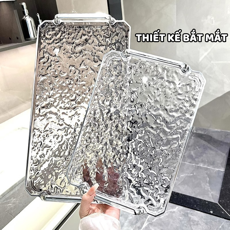 Khay Đựng Đồ Trong Suốt Nhựa Acrylic Cứng Cáp, Khay Úp Ly Cốc Có Tay Cầm Mạ Bạc Decor Siêu Đẹp